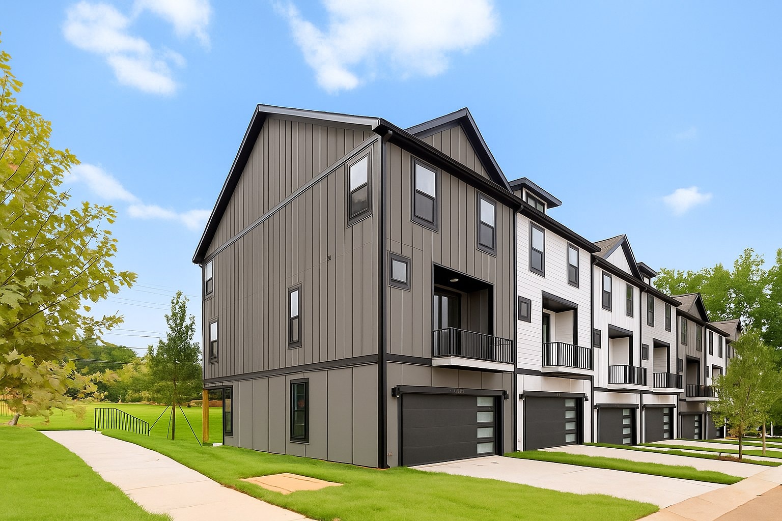 A row of three-storey townhomes in grey and white siding with black window frames, juliet balconies and front-loaded garages.